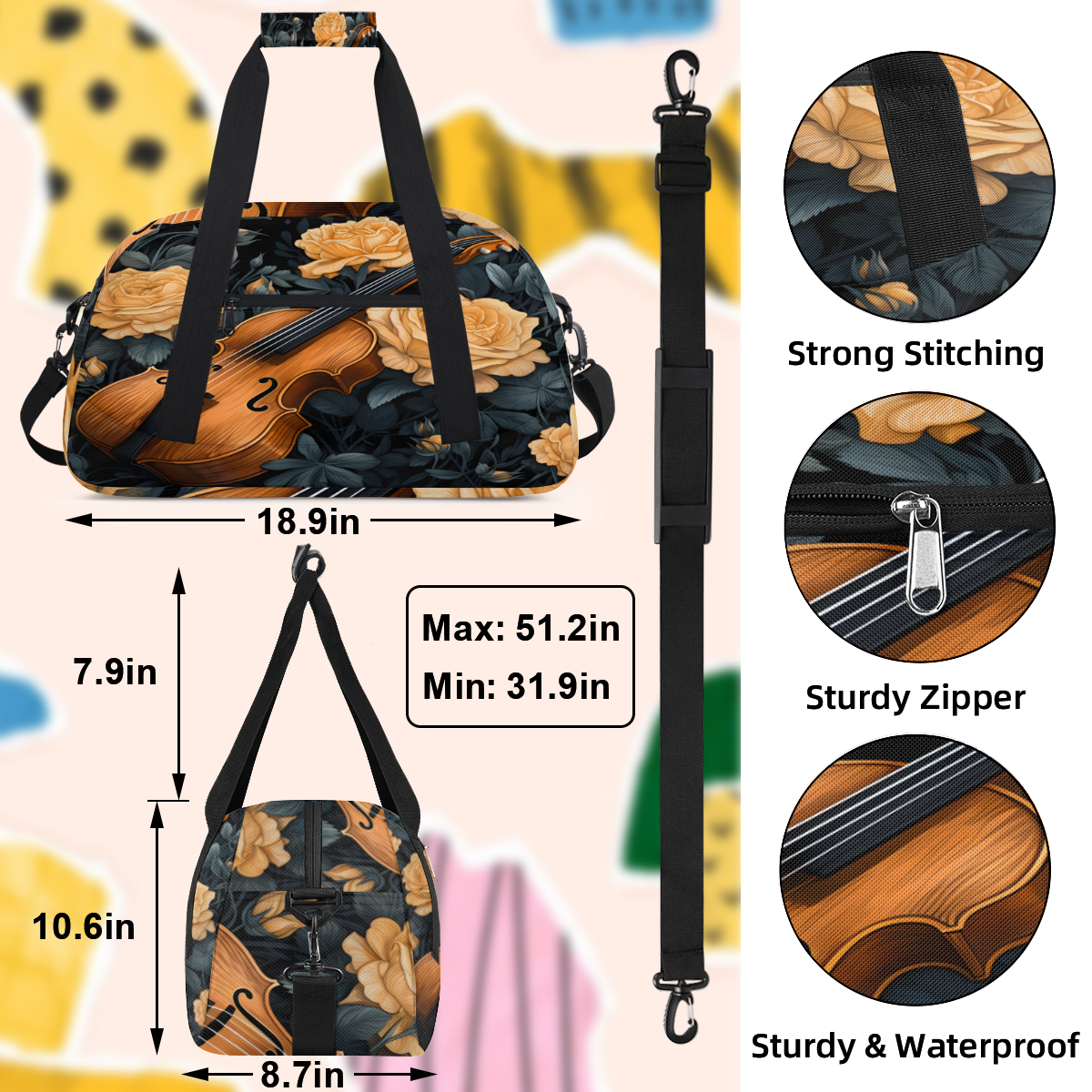 Herdesigns Music Violins Sports Duffle Bag for Women & Men, Music Theme Gym Bag Dance Bag Overnight Bag Carry On Weekender Travel Bag