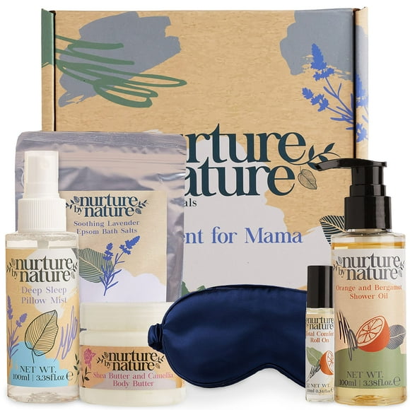 Nurture by Nature Moment for Mama Coffret Cadeau, Nouveau Paquet de Soins pour Maman, Beurre Corporel, Huile de Douche, Roll-On à l'Huile Essentielle, Sels de Bain Epsom, Masque pour les Yeux en Soie, Mom To Be, Cadeau de Grossesse