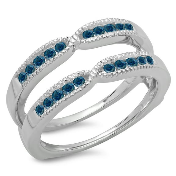 Dazzlingrock Collection 0.35 Carat (ctw) 14K Round Blue Diamond Millgrain Wedding Band Guard Ring 1/3 CT, White Gold, Size 6