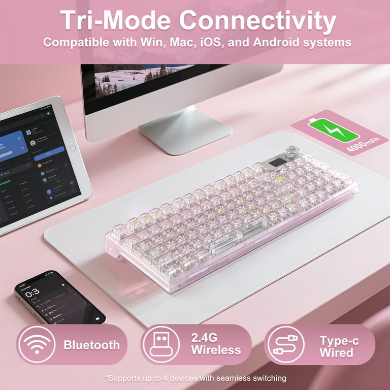 AULA F98Pro Transparent Wireless Mechanical Keyboard – Pink, Tri
