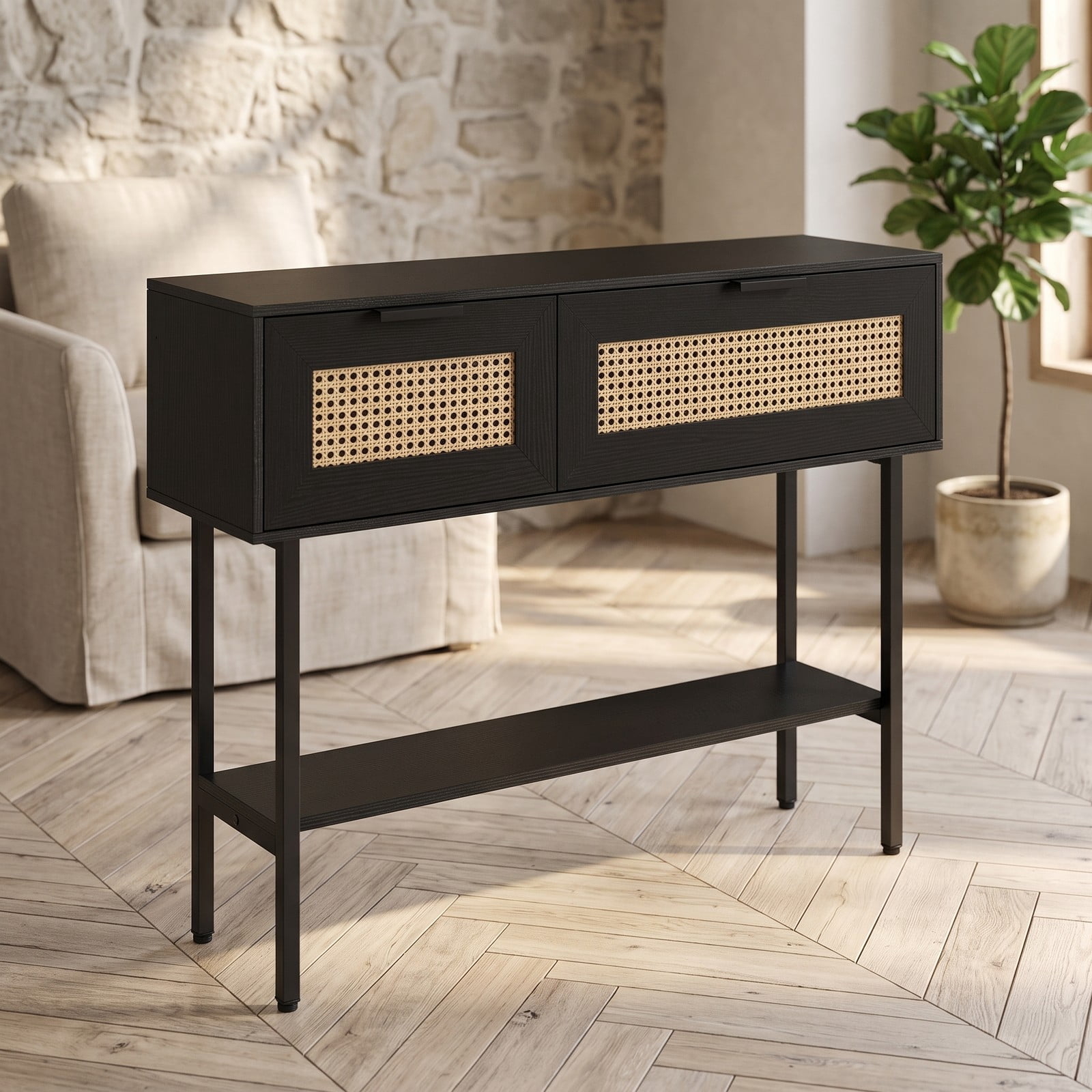 Furnibear Rattan Console Table with 2 Storage Drawers and Open Shelf and Carbon Steel Frame for Entryway and Hallway, Black