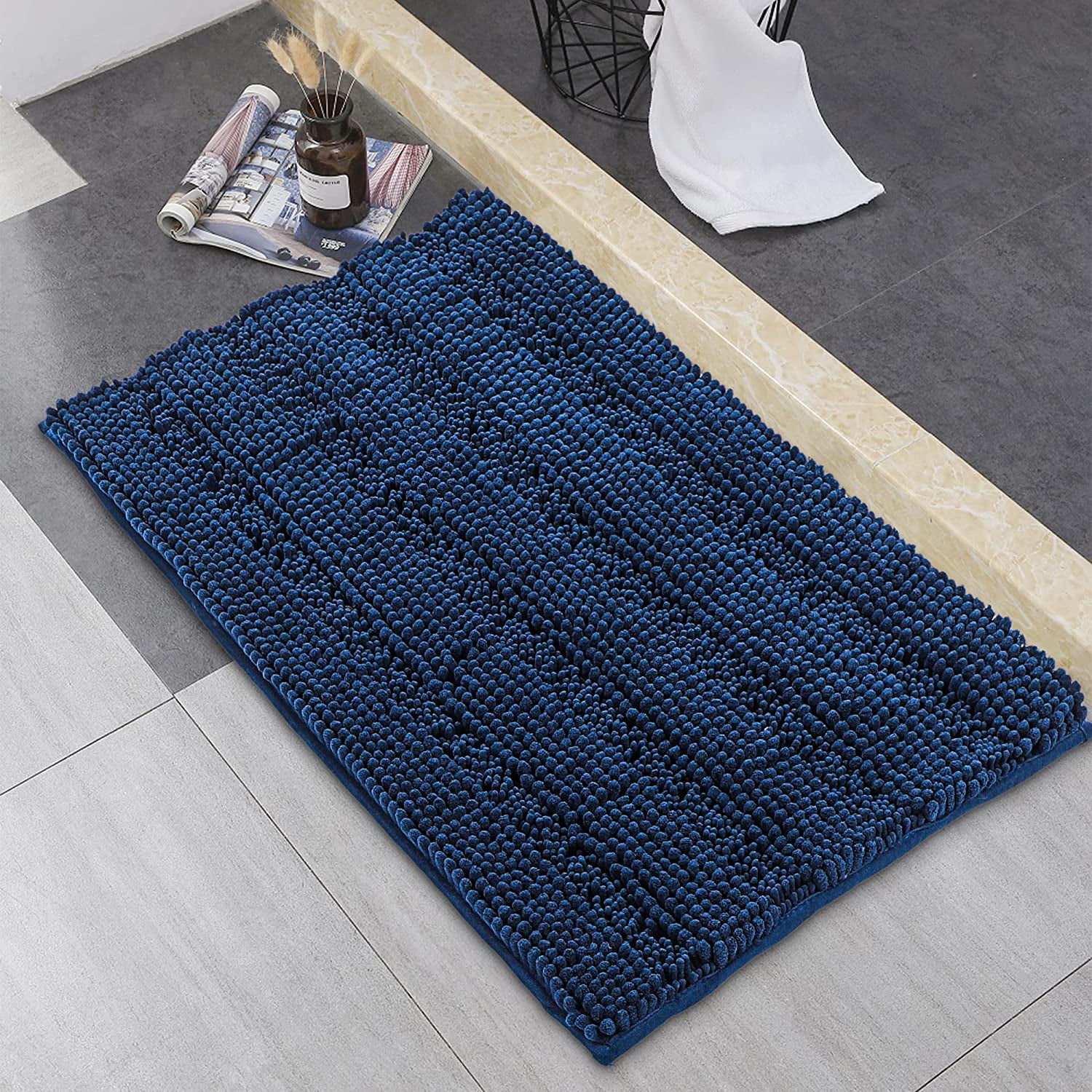 Thick Navy Blue Bathroom Rugs Large 20 X 32 Inch Washable Bath Mat Non