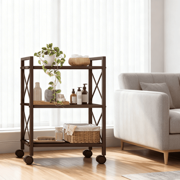 3-Tier Industrial Metal Storage Rack with Wheels - 23.6" Wide Mesh Shelving Unit for Kitchen, Bathroom, Entryway, Metallic Bronze