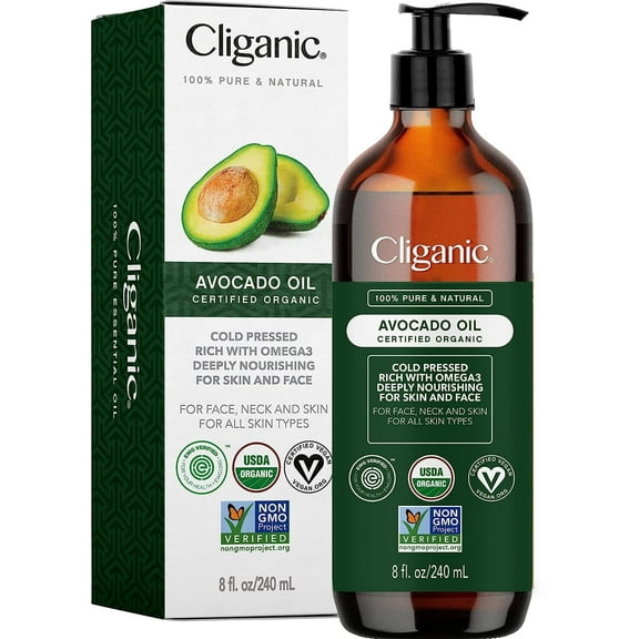 Cliganic Organic Avocado Oil, 100% Pure (8oz) - for Skin & Hair, Nourishing Carrier Oil for Face & Body