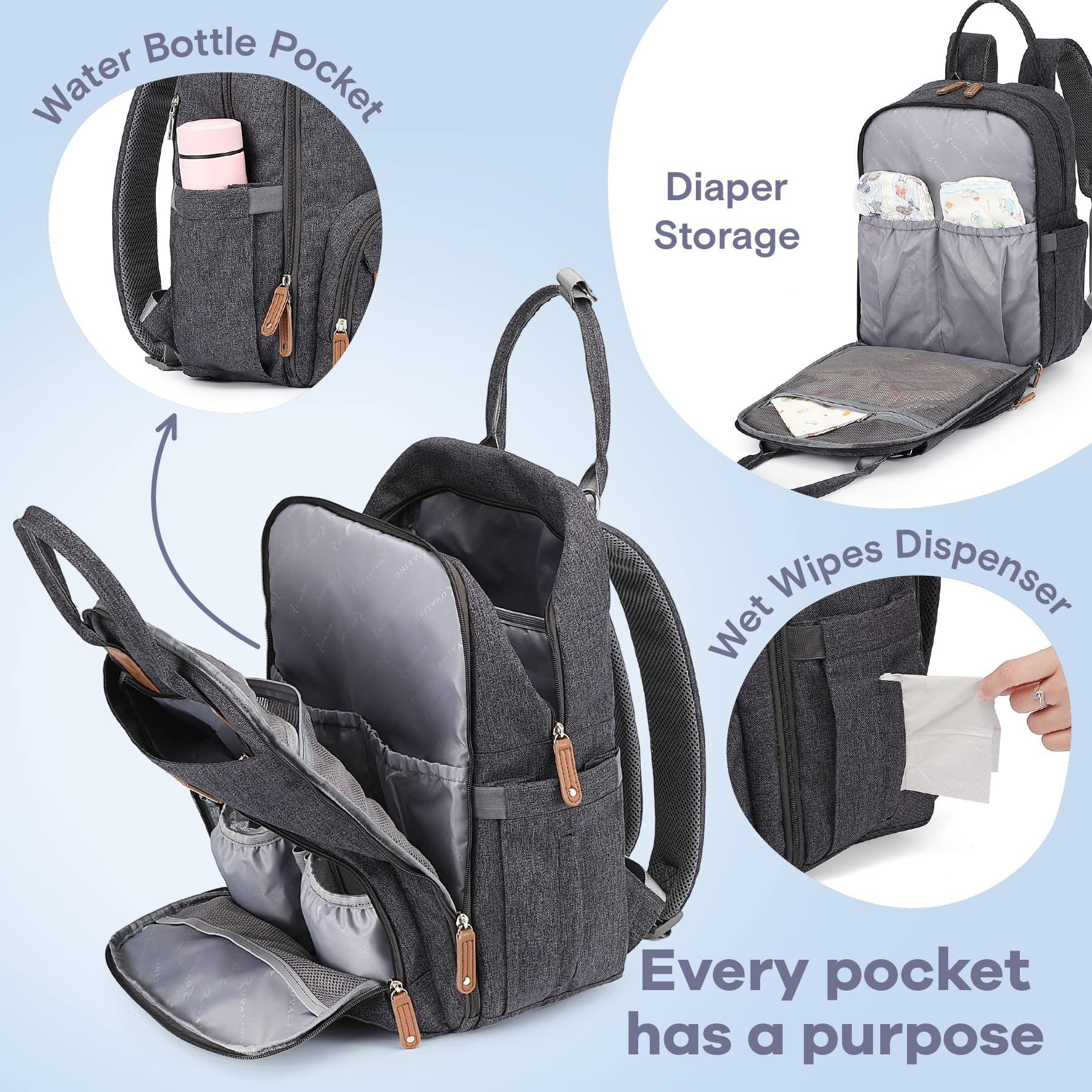 Ruvalino Baby Diaper Bag Backpack with Pacifier Holder, Multifunctional Travel Bag, Dark Gray, Large