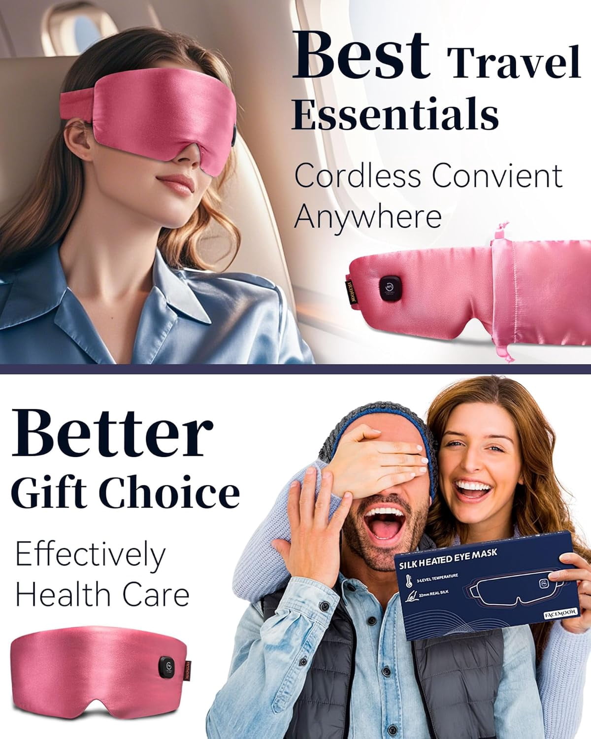 Heated Eye Mask for Dry Eyes - Silk Cordless Warm Eye Compress Moist Heat, FSA HSA Eligible, Eye Heating Pad for Stye Treatment, Tired Eyes, Sleep, Travel, Washable, Rechargeable, Pink