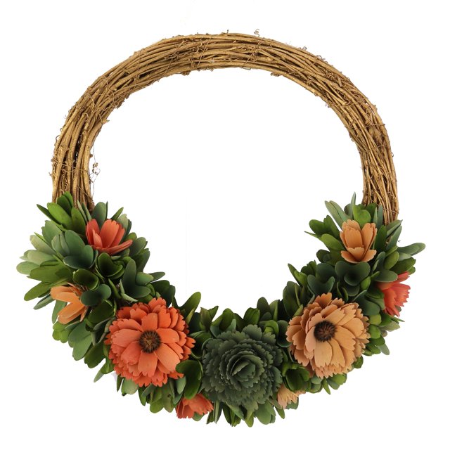 "Corona de afeitar de madera con detalles de flores y pétalos, marrón y rosa" Benzara Inc BM223176