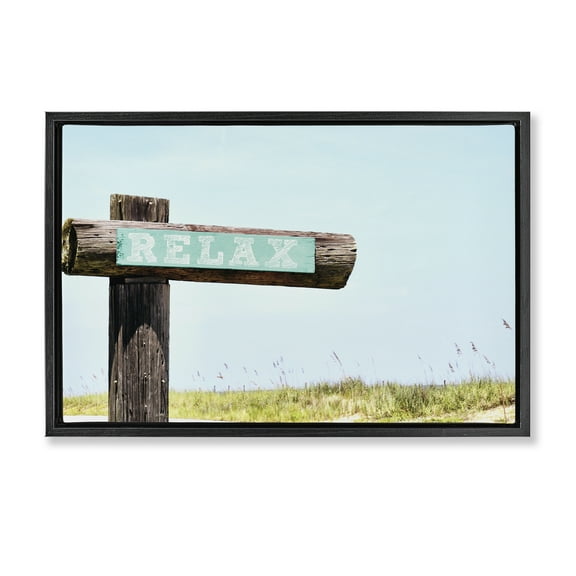 Stupell Industries Relax Sign on Beach Landscape Photography Black Floater Framed Canvas Art Print Wall Art, 25 x 17