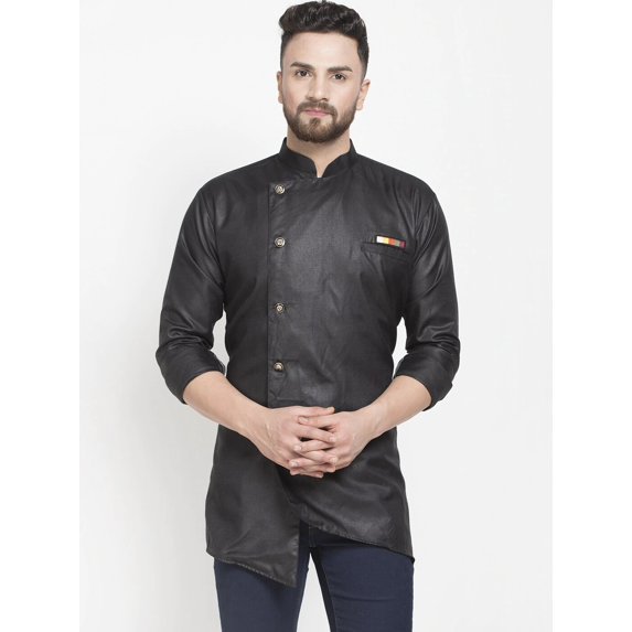 eloria Indian Traditional Men's Black Solid Thread Work Kurta