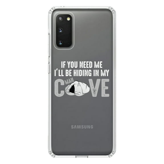 DistinctInk Clear Shockproof Hybrid Case for Galaxy S20 / S20 5G (6.2" Screen) - TPU Bumper Acrylic Back Tempered Glass Screen Protector - If You Need Me I'll Be Hiding in My Man Cave