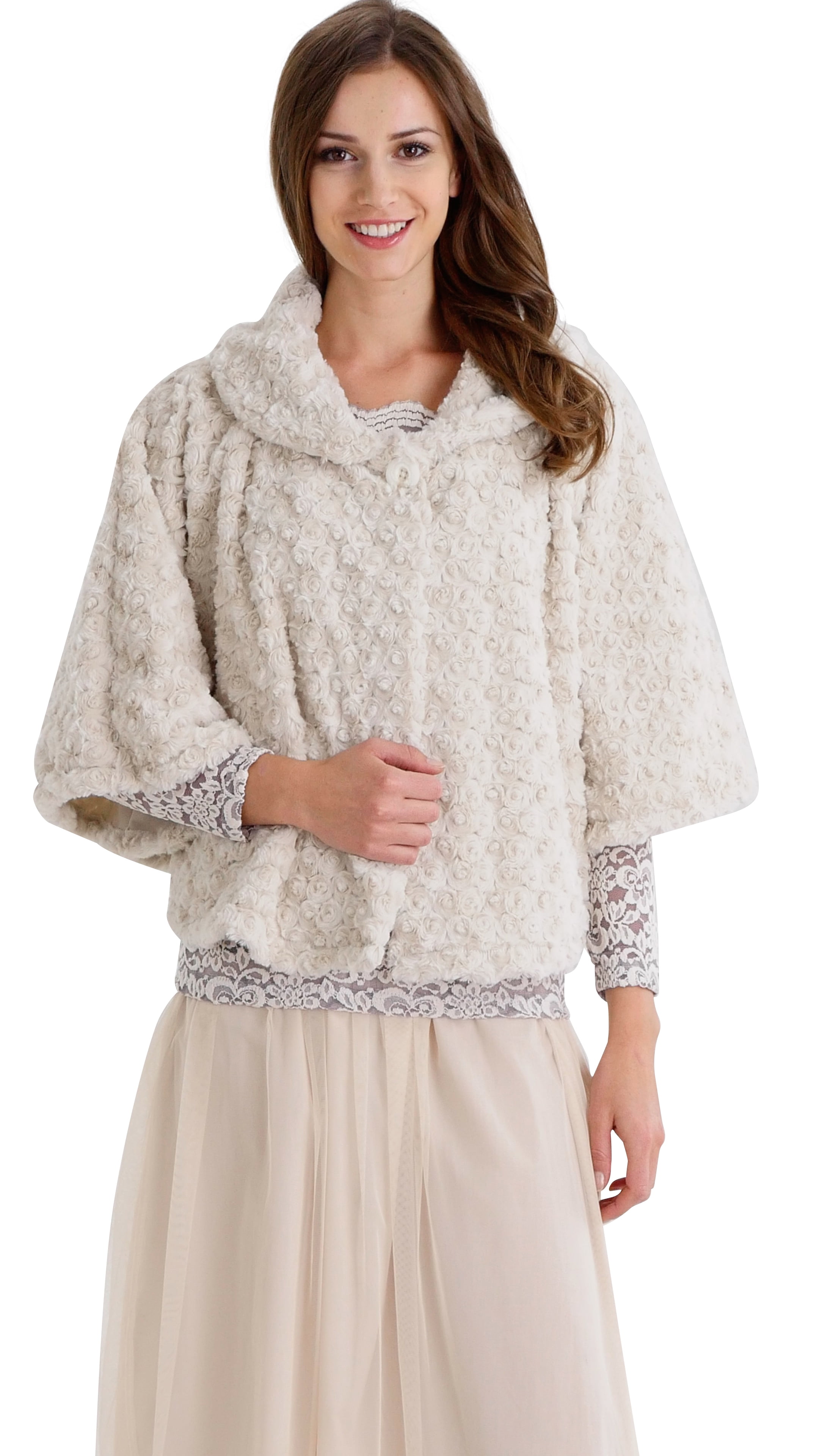 MELODY Women Rosette Faux fur Cape Jacket with Round Collar (IVORY