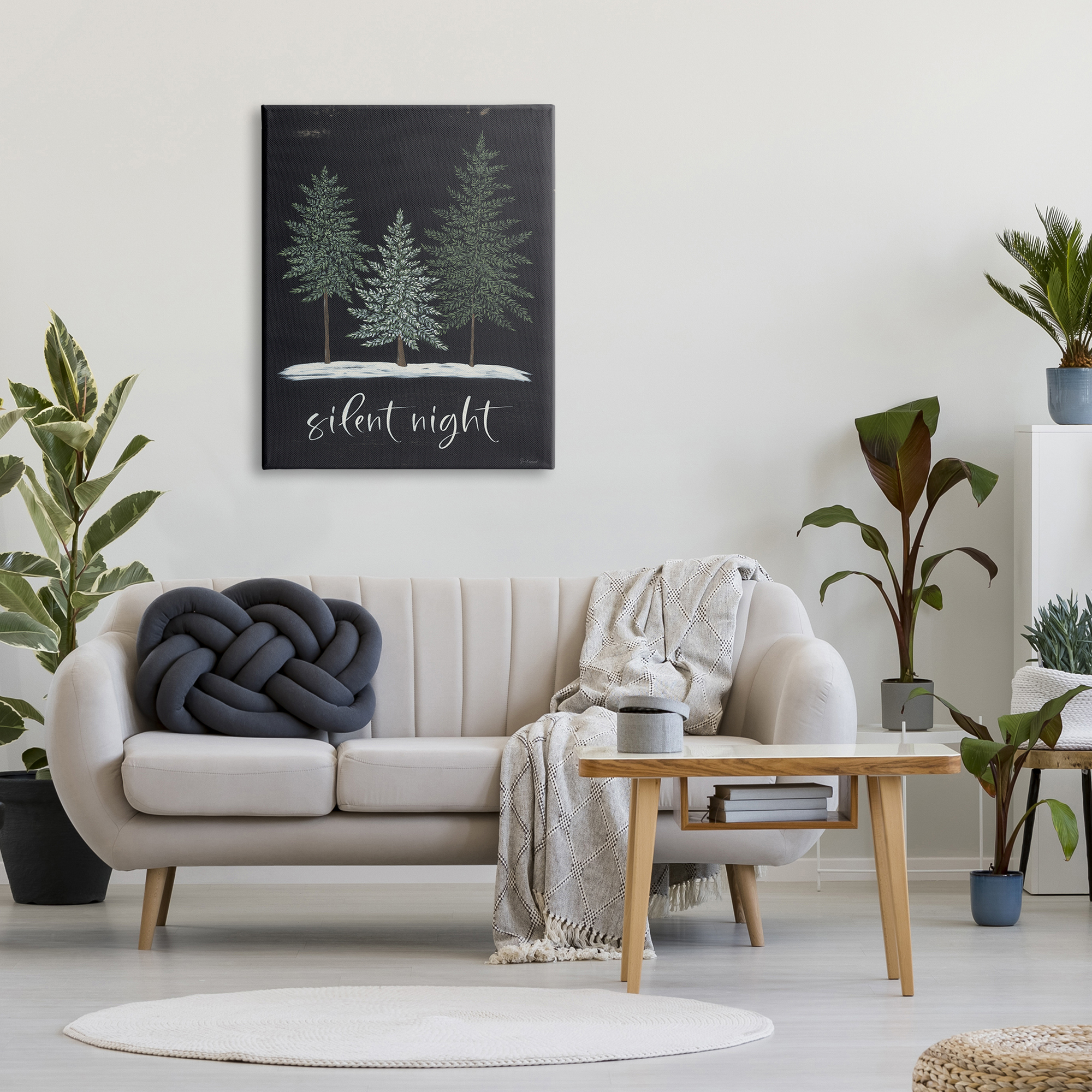 Silent Night Black Weathered Phrase Sign Fir Trees Inspirational Graphic Art Gallery-Wrapped Canvas Print Wall Art