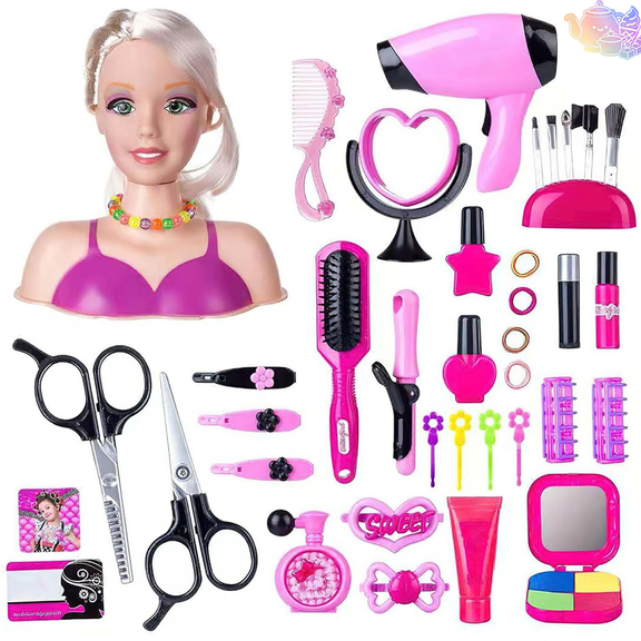 Pretend Hairdressing Beauty Playset with Styling Mannequin Head, Hair Dryer, Hair Tools and Simulation Cosmetic Accessories, Hair Salon Pretend Play House Toys, Stylist Role Play Toy for Age 3 and Up