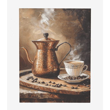"Copper Brew" - Hyperrealistic Oil Painting of Antique Coffee Pot & Steaming Cup, Still Life Kitchen Art
