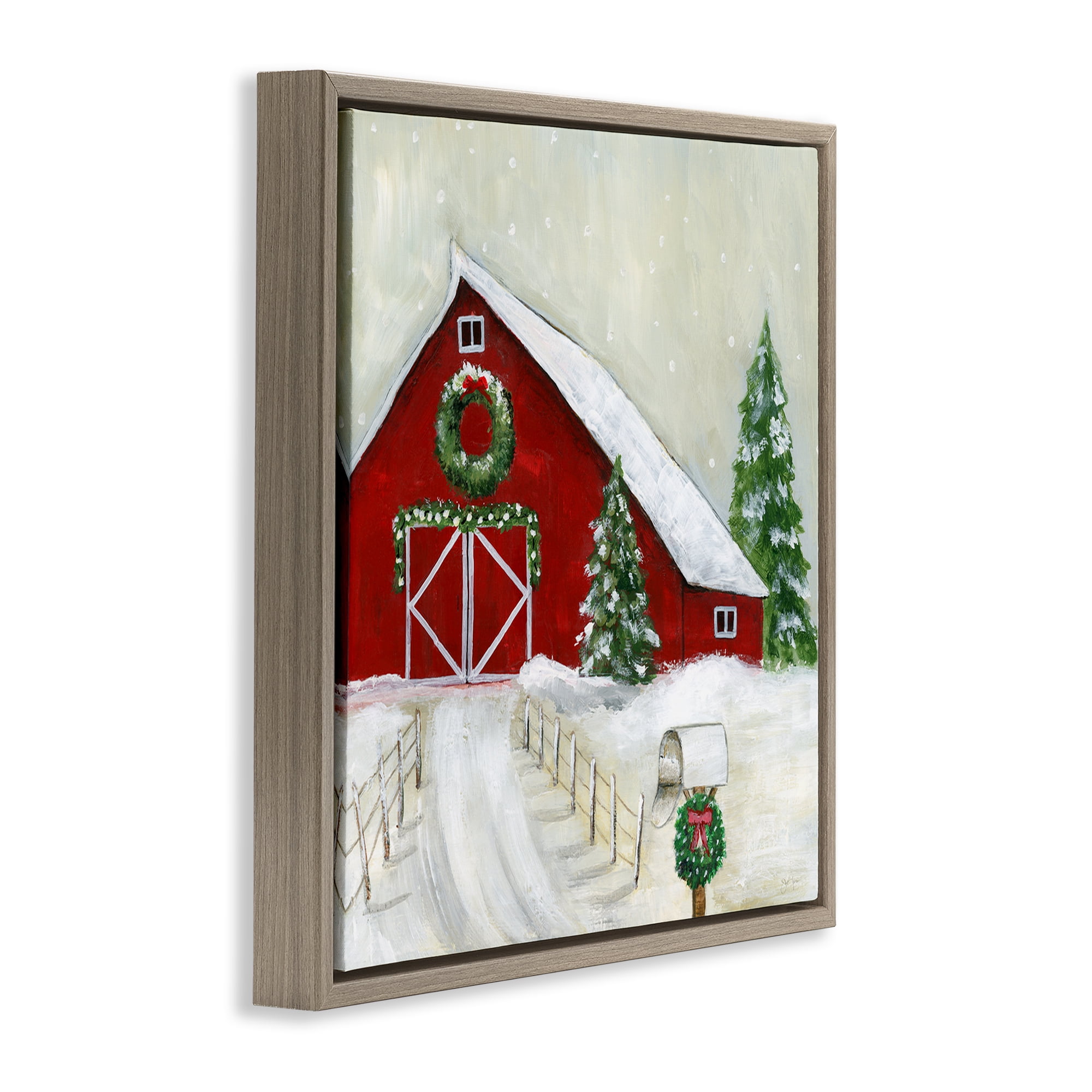 Stupell Industries Winter Barn Scenery Holiday Painting Brown Floater Framed Canvas Art Prints Wall Art, 18 x 18