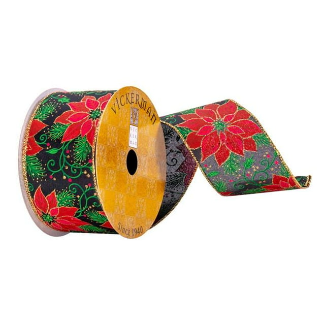 Vickerman Q214647 2.5 in. x 10 Yards Navy & Red Poinsettia Ribbon