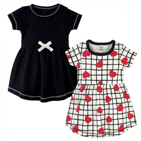 Touched by Nature Baby and Toddler Girl Organic Cotton Short-Sleeve Dresses 2pk, Black Red Heart, 0-3 Months