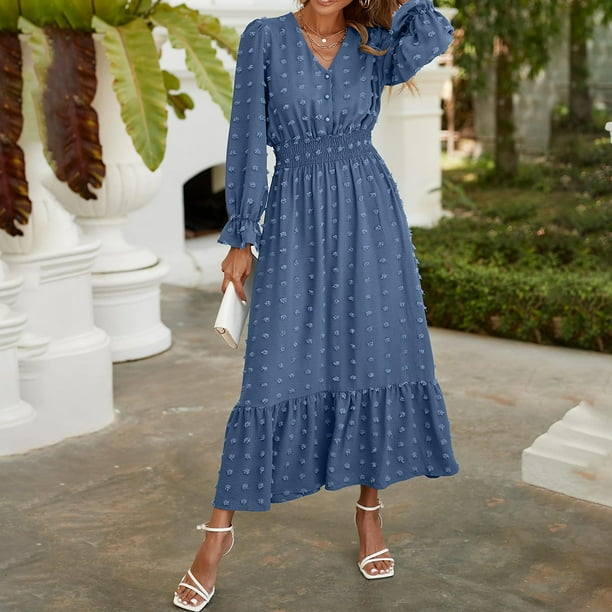 Dot Boho Maxi Dress A-Line Vestido ahumado para mujer Estilo casual Traje diario vintage