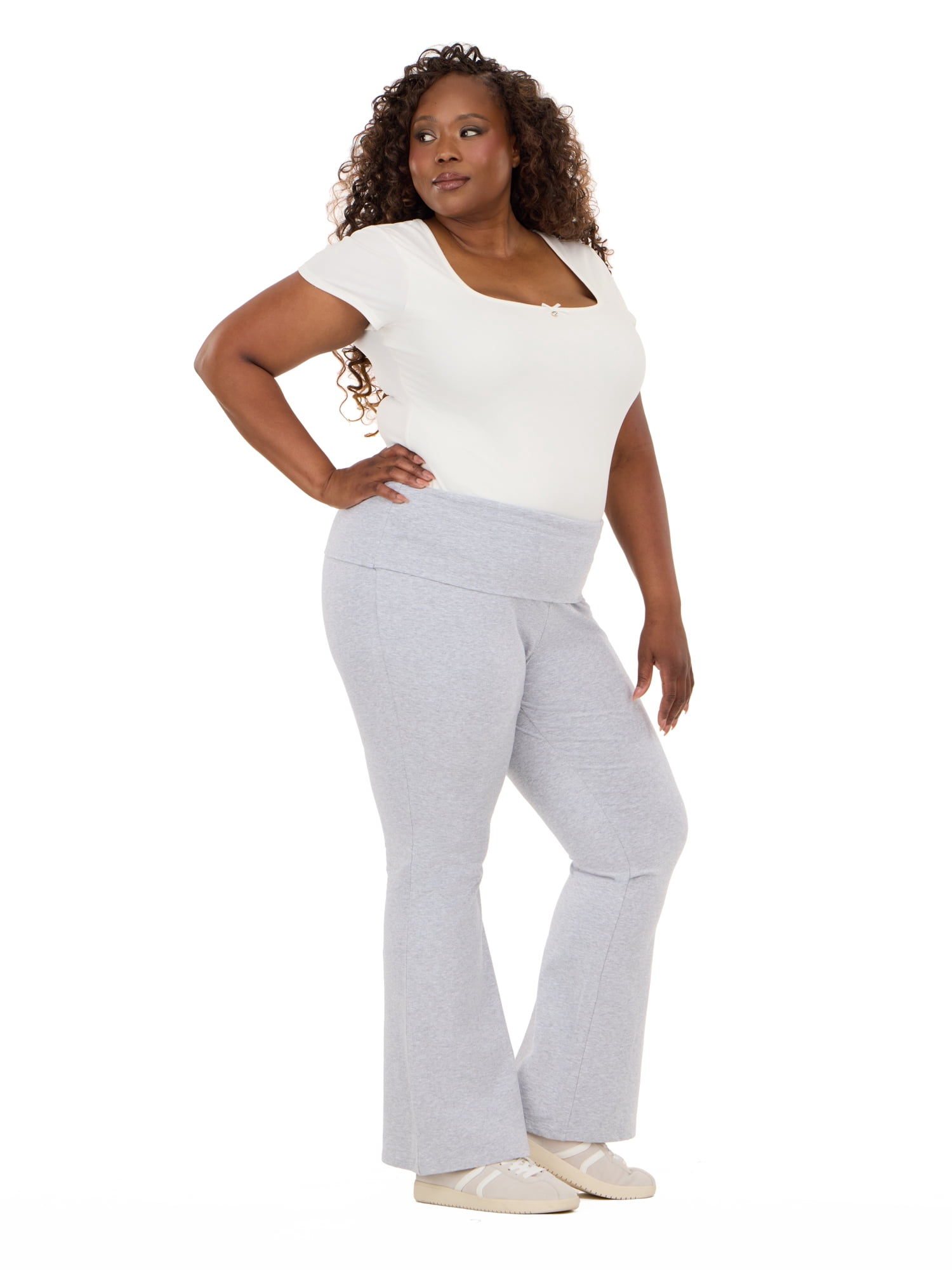 Forever 21 Women's Jersey Fold Over Waist Pants with Graphic Detail, Flare Leg Lounge Pants, Stretch Casual Everyday Comfort Style, Grey, XXS-4X