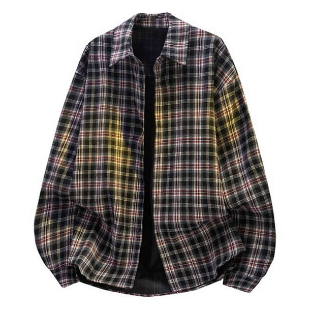 Blusa y camisa de manga larga con cuello vuelto para hombre, blusa informal a cuadros a la moda con botones y cuello vuelto, blusa de poliéster para hombre
