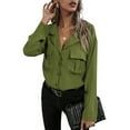 thumbnail image 4 of VISgogo, blusas de chifón salvaje a la moda para mujer, camisa de un solo pecho con cuello vuelto de Color sólido, Tops informales de manga larga para oficina para mujer VISgogo  moda, 4 of 8