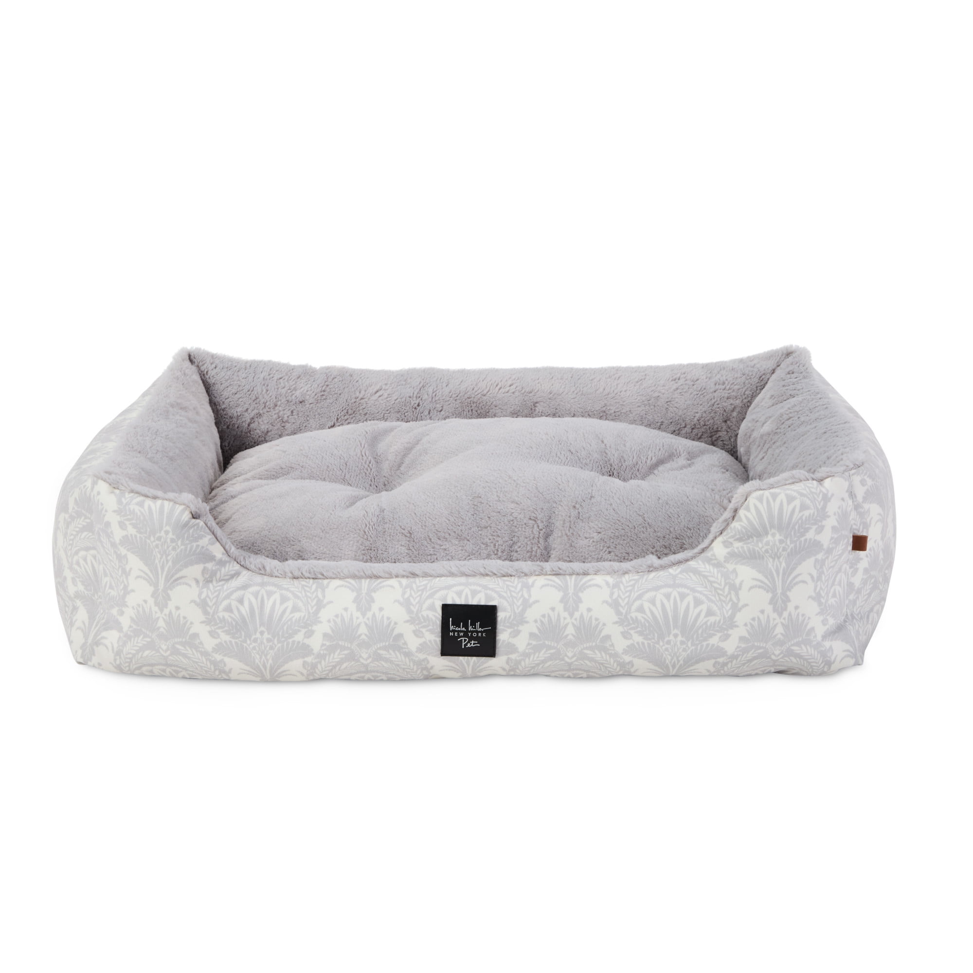 NICOLE MILLER NEW YORK PET Mod Damask Plushy Bolster Pet Bed, Cozy & Calming, Water Repellent, Non-Slip Bottom, 100% Machine Washable, Grey, Extra Small 19"x15"x6"