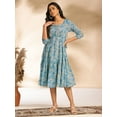 thumbnail image 4 of Janasya Indian Women's Light Blue Cotton Floral Fit & Flare Dress, 4 of 5