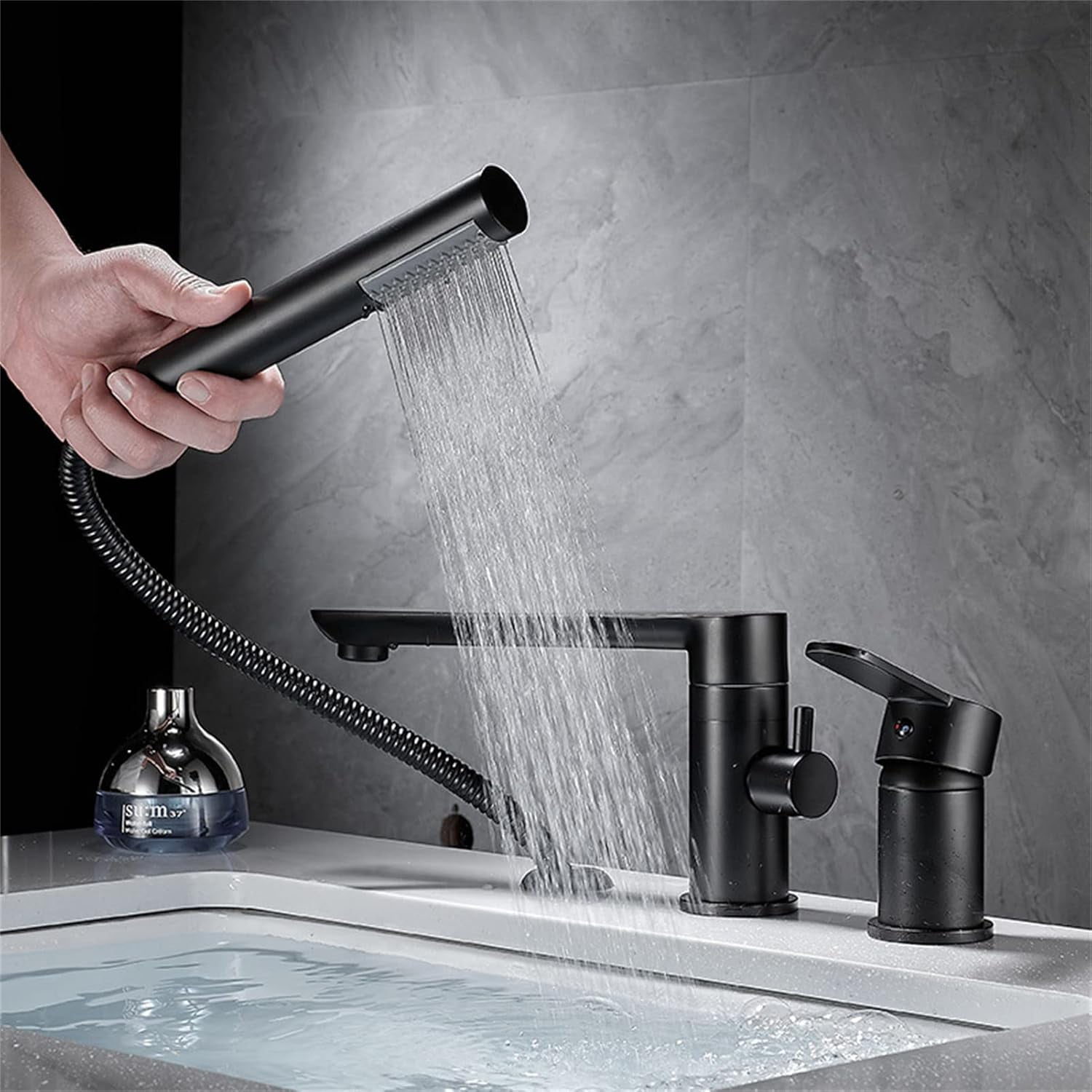 Waterfall Bathtub Faucet Roman Tub Filler, Contemporary Bathroom Widespread Long Spout Faucet with Handheld Shower, Single Handle 3 Hole Deck Mount