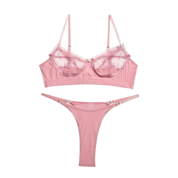 Odeerbi Women's Lingerie Set 2025 Valentine's Day Sexy Transparent Underwear Sling Solid Color Shortened Underwear Set Pink