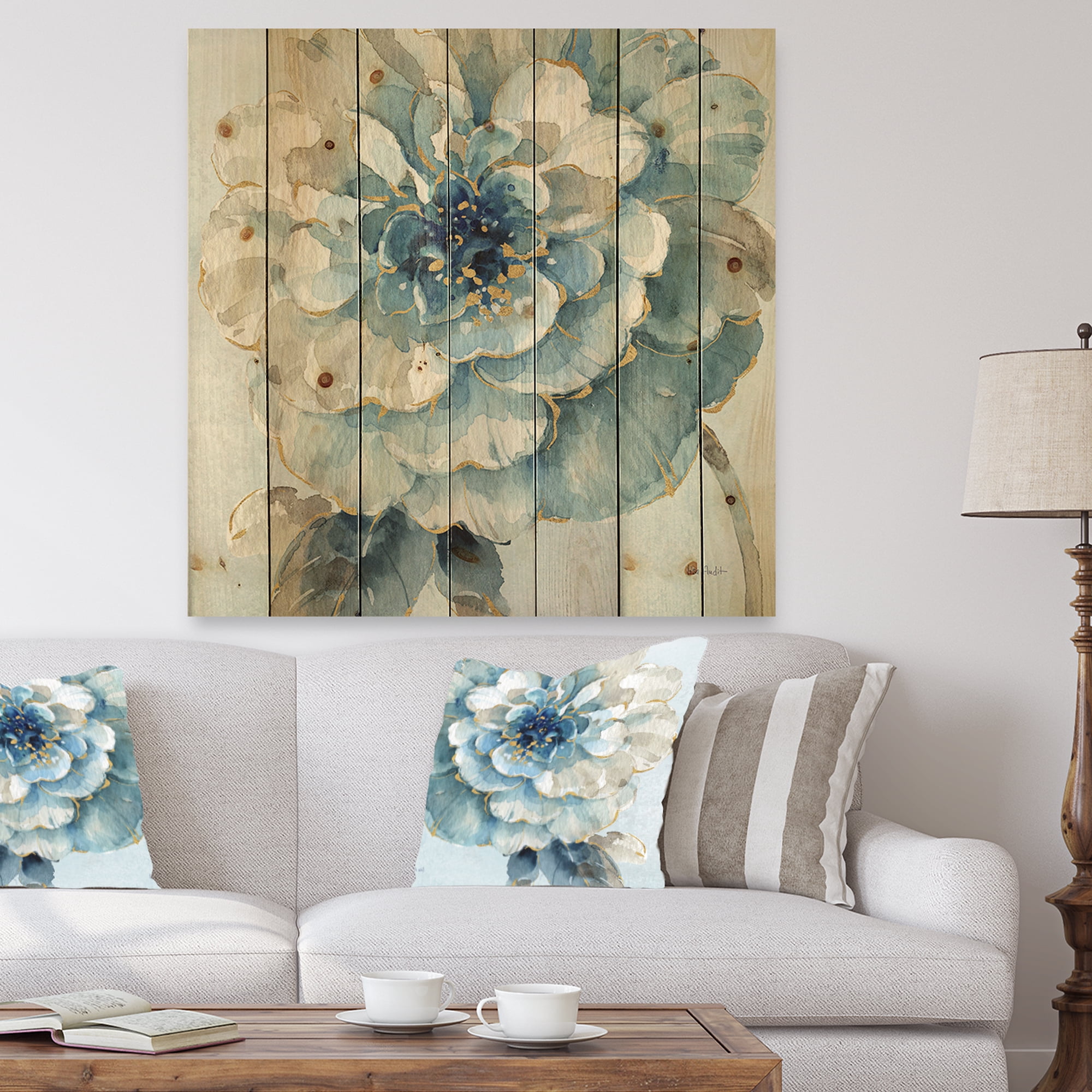 Designart 'Indigold Watercolor Flower II' Farmhouse Print on Natural Pine Wood