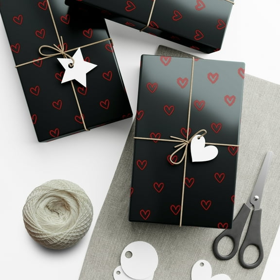 Black Gift Wrapping Paper with Red Hearts