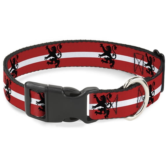 Buckle-Down Pet Collar, Dog Collar Plastic Buckle, Rampant Lion Repeat Stripes Red White Black, 7 to 8.5 Inches 0.5 Inch Wide