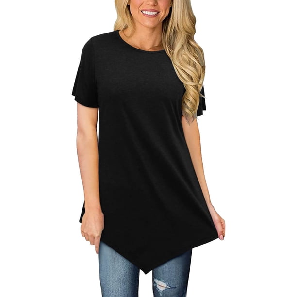 Mujeres Clásico Verano Color sólido Manga corta Dobladillo irregular Túnica Tops Blusas fluidas Camisa Pompotops hfajkhk130127