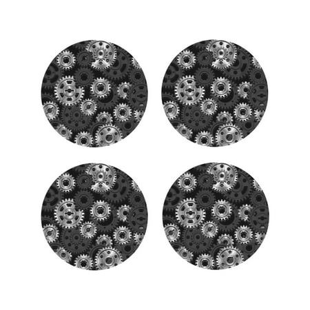 

Coasters Set of 4 - Black Metallic Gear Pattern Drink Coasters for Tabletop Protection Leather Coasters for Living Room Decor and Housewarming Gift Round Shape