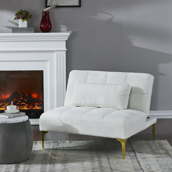 Convertible Sofa Bed Futon with Gold Metal Legs, Teddy Fabric, White