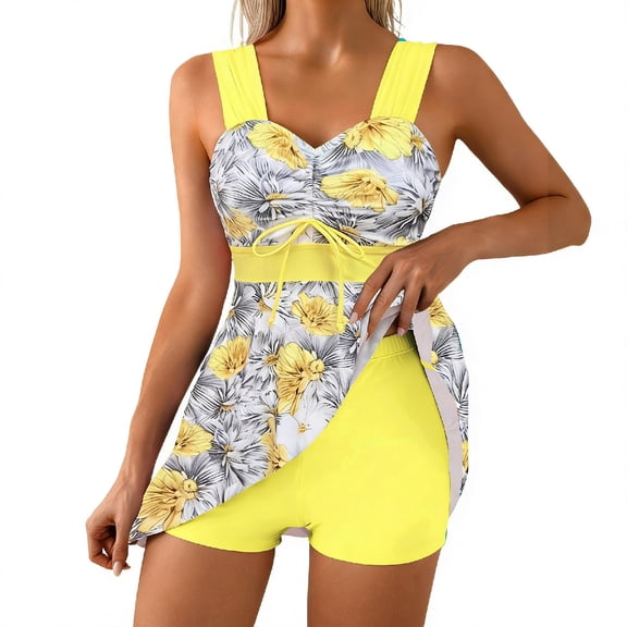 Women 2 Piece Tankini Swimsuit Sleeveless Drawstring Color Block Tank Top High Waist Short Modest Bathing Suit (XL, Yellow)