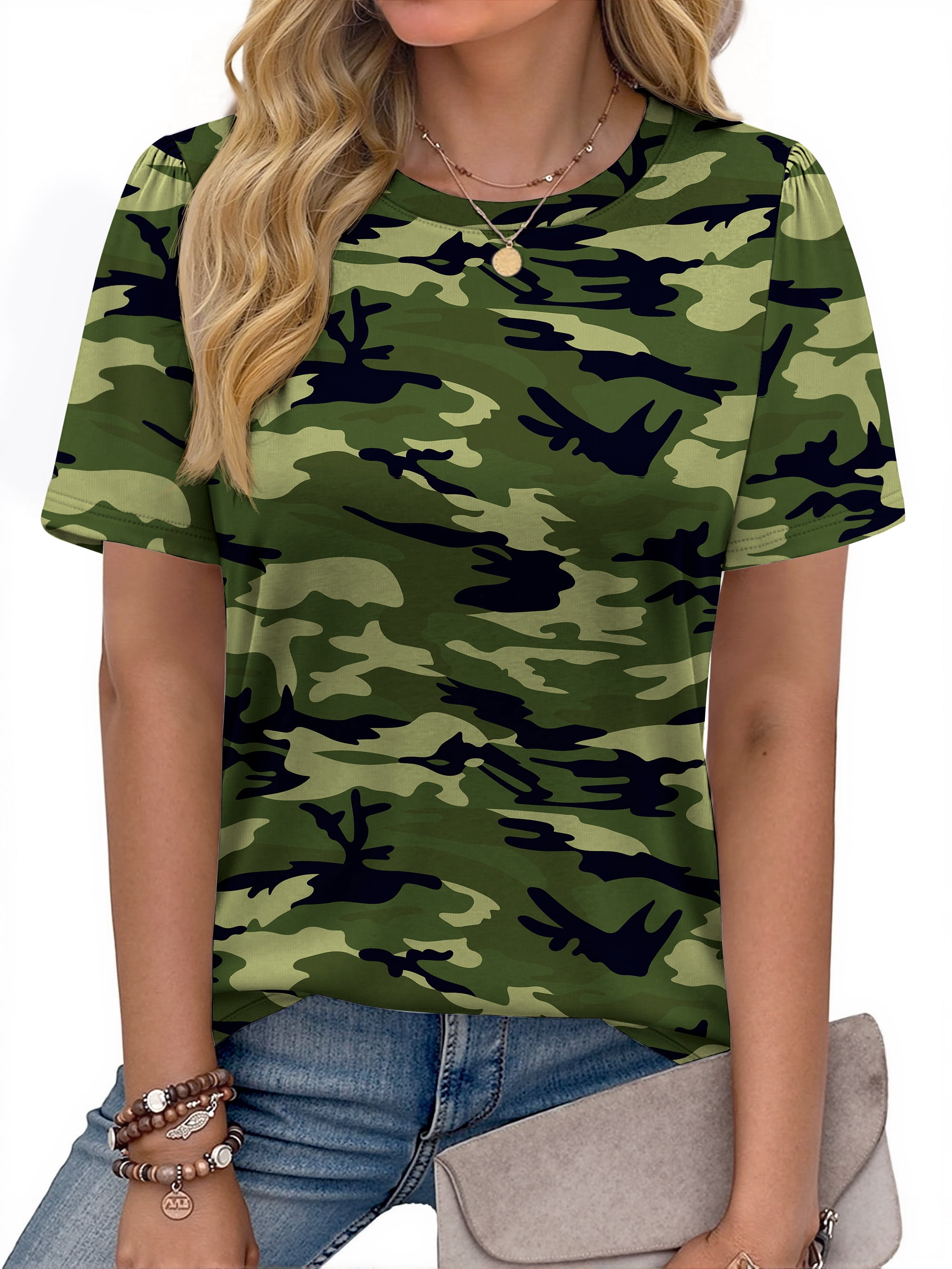 Fantaslook Womens Summer Tops Dressy Casual Short Sleeve Shirts Crew Neck Tunic Floral Blouses