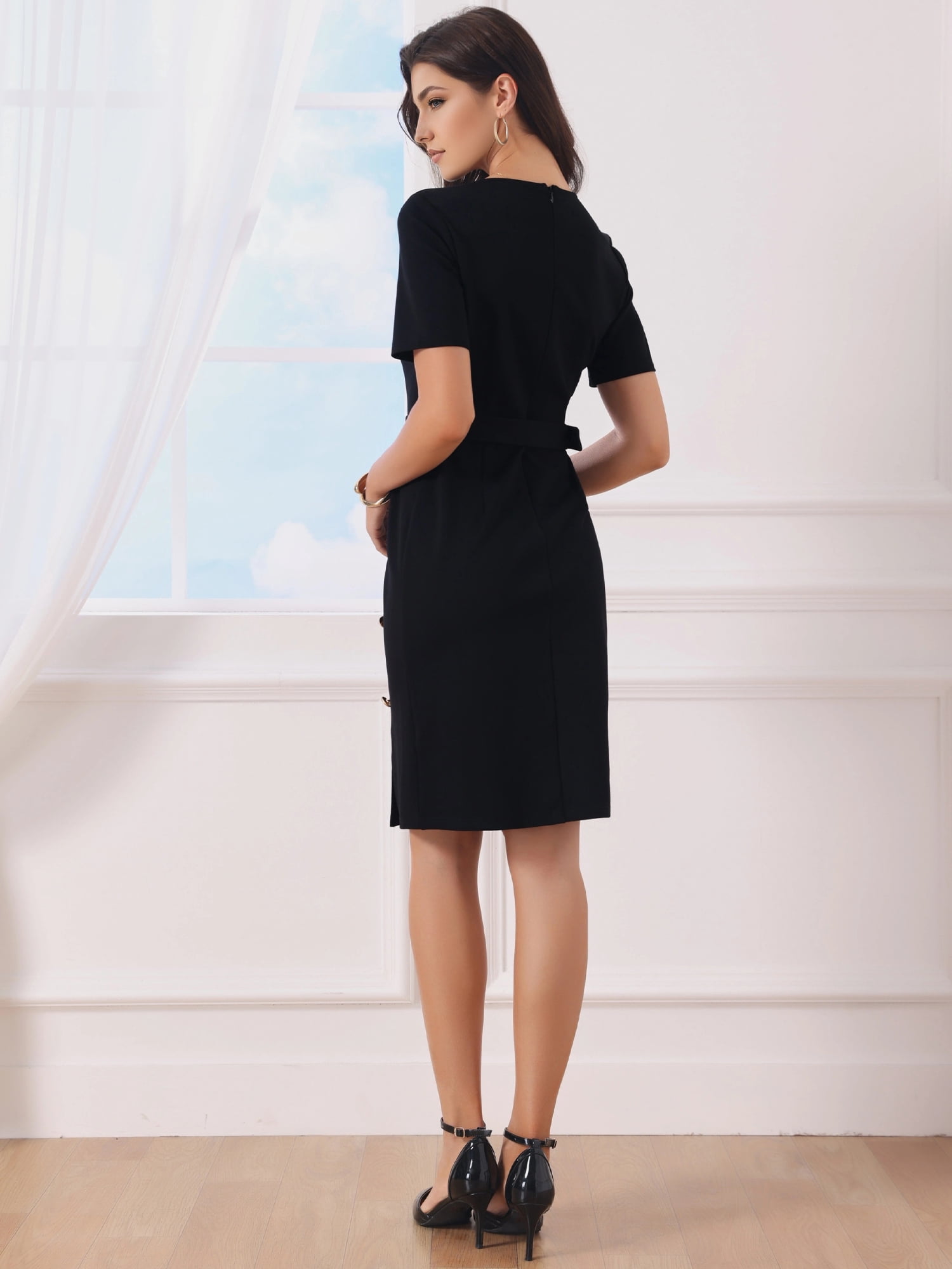 DARING DIVA Women's Business Work Short Sleeve Pencil V-Neck Bodycon Dresses M Black