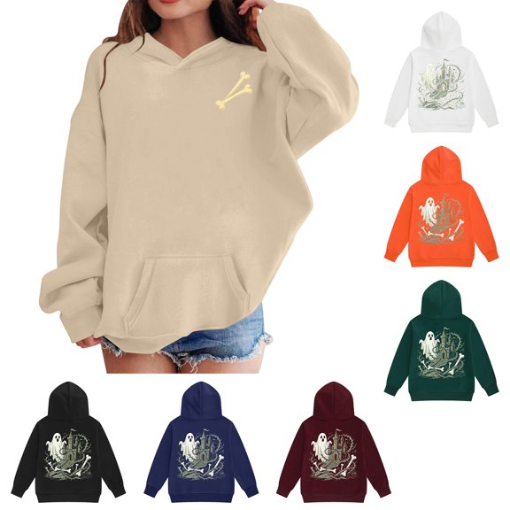 XXWXYD Girls Hooded Sweatshirt Long Sleeve Cute Halloween Graphic Print Oversized Pullover Fleece for Girls Toddler 2-13 Years Fall Autumn Back-to-School Comfortable Outfit
