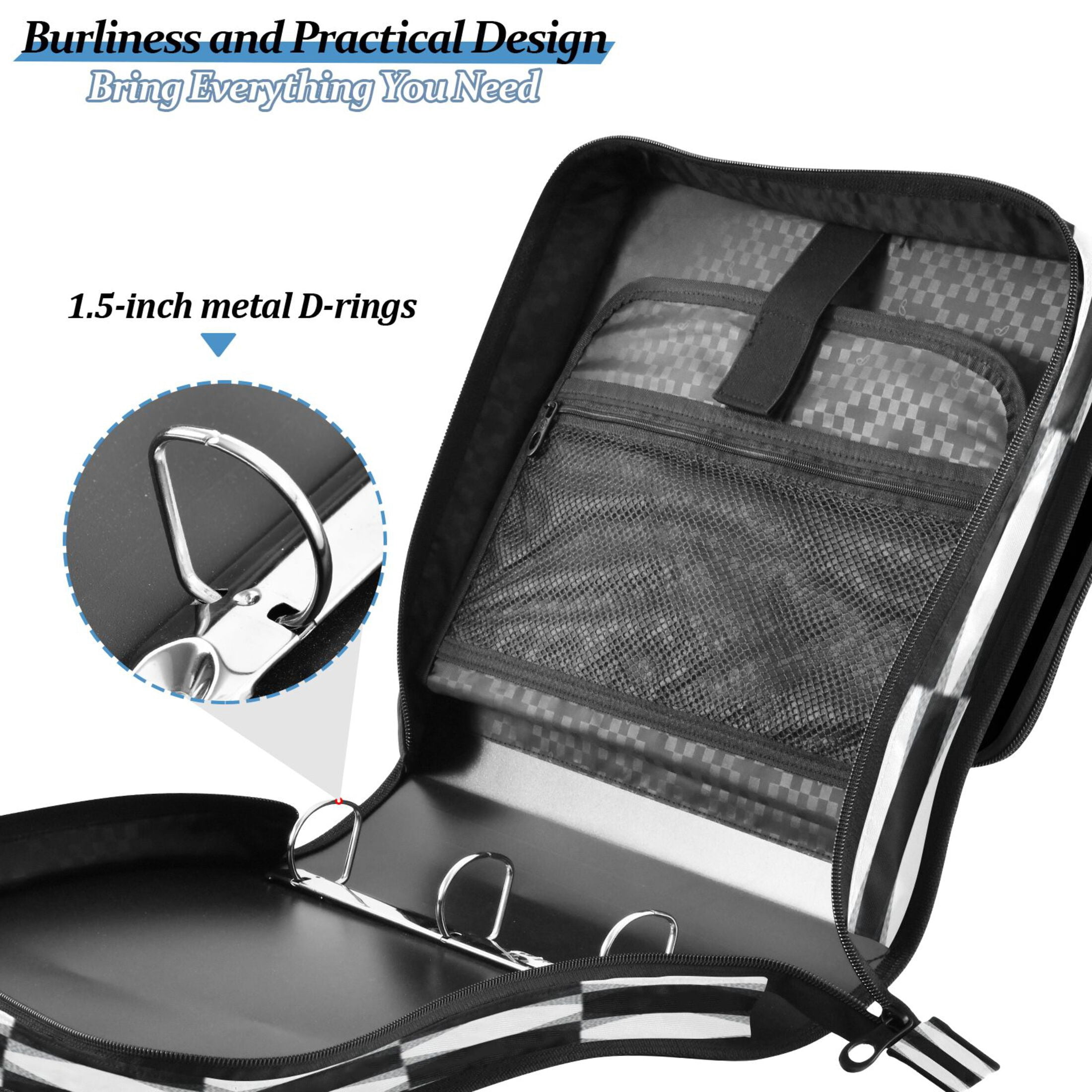 Water-Resistant 3-Ring Binder Organizer with Multiple Pockets Zipper Binder Bag for Office Black and White Gingham Pattern