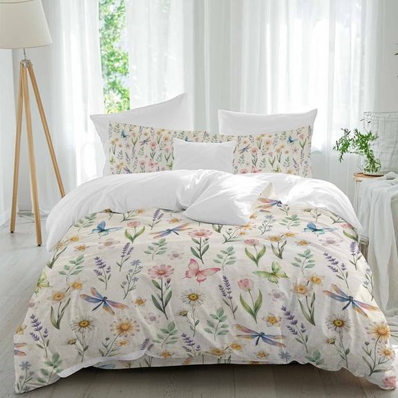 Spring Florals Bedding Duvet Cover Set Queen Size 4 Pieces, Vintage Watercolor Pink White Floral Butterfly Dragonfly Beige Bedding Set, 1 Comforter Cover 90x90in 1 Flat Sheet & 2 Pillow Cases