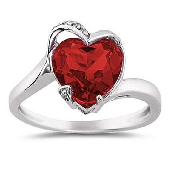 SZUL Women's Heart Shaped Garnet and Diamond Ring in 14K White Gold