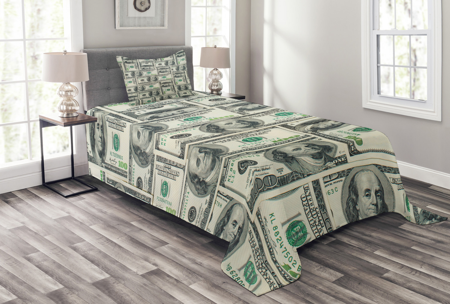 Money Bedspread Set, Dollar Bills of United States Federal Reserve with the Portrait of Ben