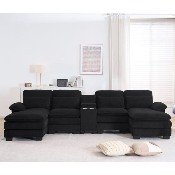 124" U-Shaped Modern Sectional Sofa w/ Console, Cup Holders & Pillows,  Comfortable Seating
