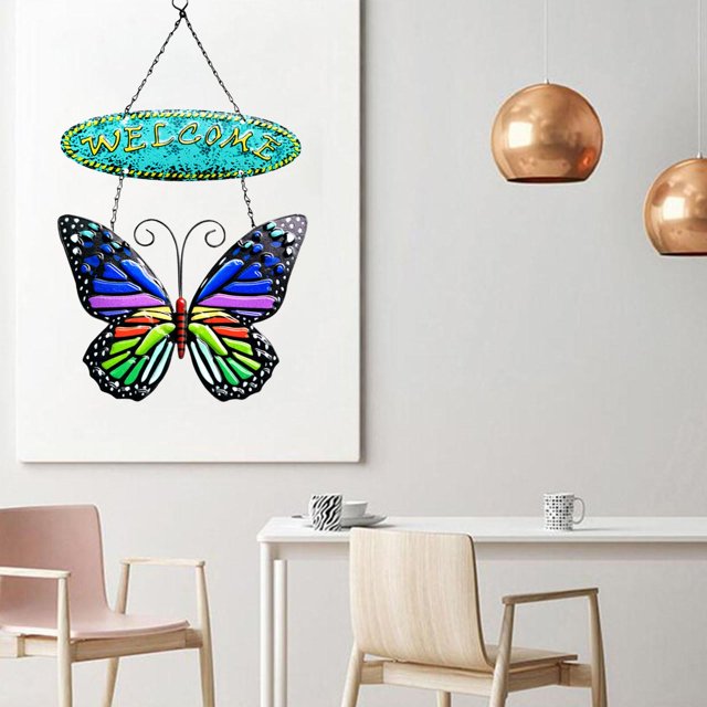 Arte de pared de mariposa de cartel de bienvenida para Patio de pared de granja, decoración libre artesanía rústica multiusos pintad Azul shamjiam cartel de bienvenida
