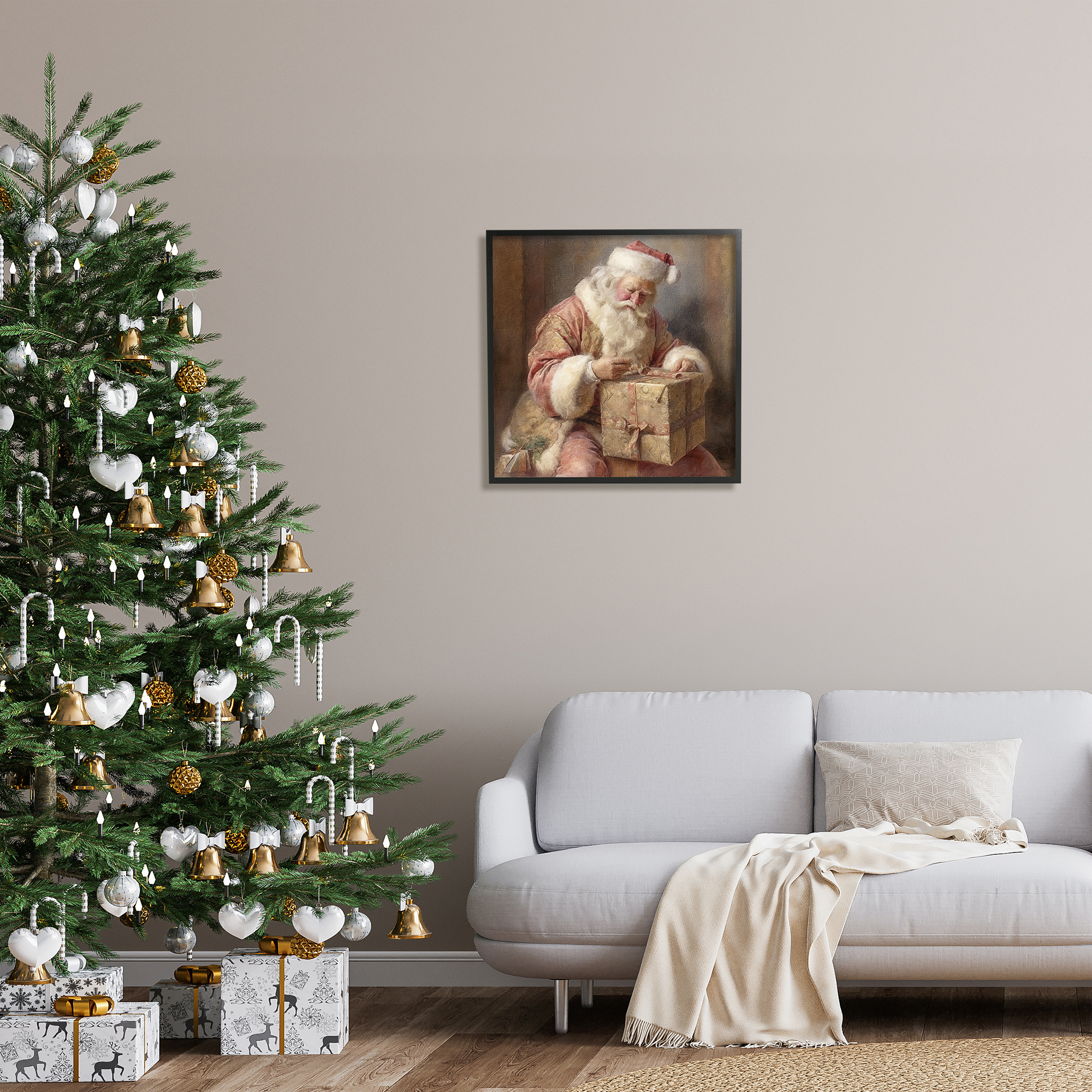 Stupell Industries Vintage Santa Wrapping Gift Holiday Painting Black Framed Art Print Wall Art, 24 x 24