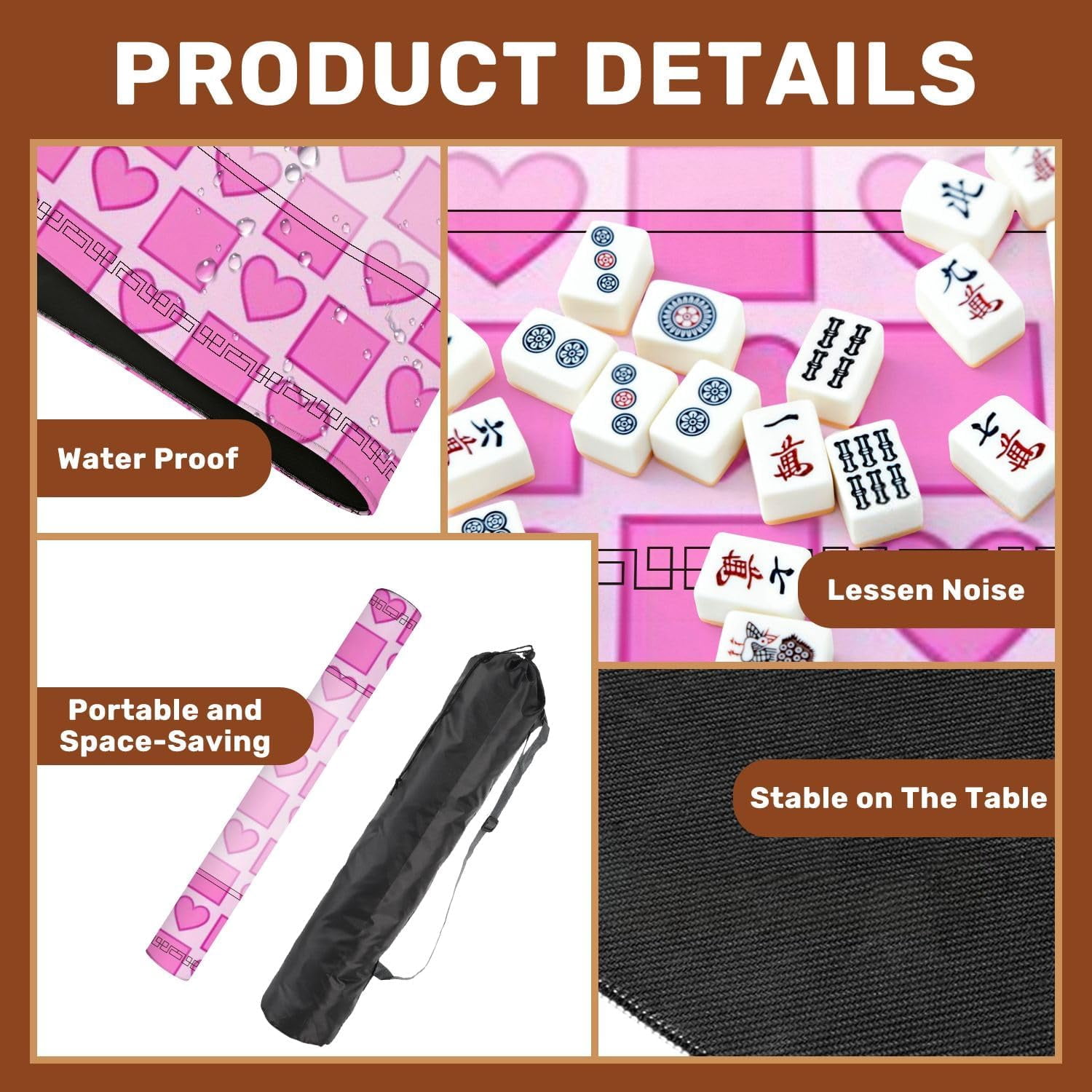 Mahjong Mat 31.5" x 31.5" Seamless Pink Heart Square Light Non-Slip Noise Reduction Mahjong Tiles Table Cover for Dominoes Poker Card Board and Tile Games