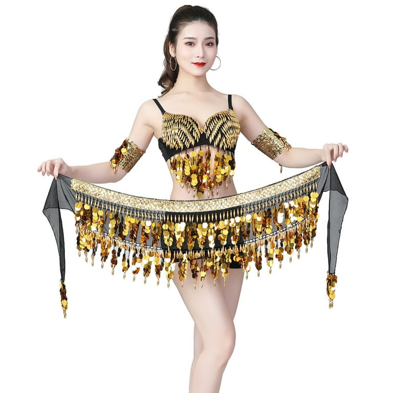 Belly Dance Belt Colorful Waist Chain Belly Dance Hip Scarf Belt Tassel  Sequins Belly Dance Costume Ladies Stage Costume Gold