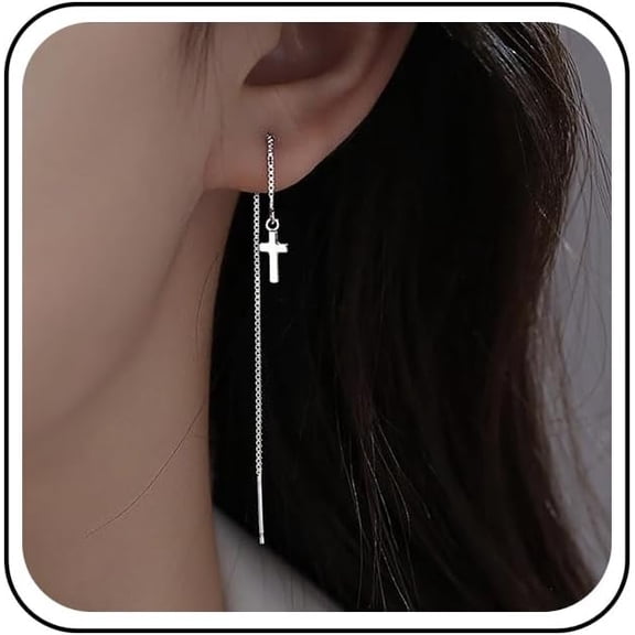 Boho CZ Leaf Threader Drop Earrings Silver Threader Chain Earrings Bar Chain Dangle Earrings Crystal Leaves Threader Earrings Long Pull Through Earrings Jewelry for Women