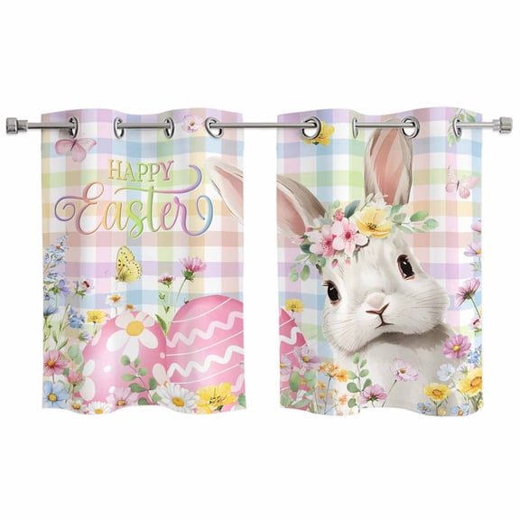 Happy Easter Kitchen Curtains Window Panels, Spring Easter Bunny Eggs Floral Colorful Plaid Insulated Window Treatment Curtain, Grommet Curtains for Bedroom/Living Room/Bathroom, 2 Piece 27.5"Wx39"L